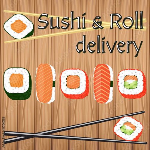 Poster design for japanese food delivery in flat vector style.