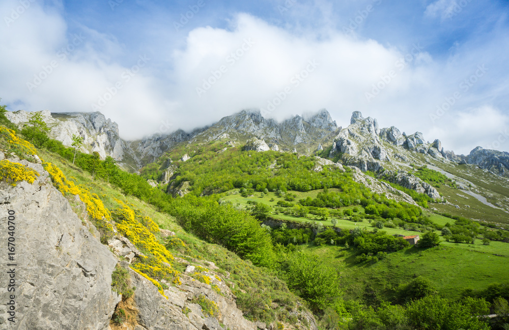 Beautiful nature of Spain: Picos de Europa mountain peaks and tourist trails in summer sunny day with blue sky and clouds
