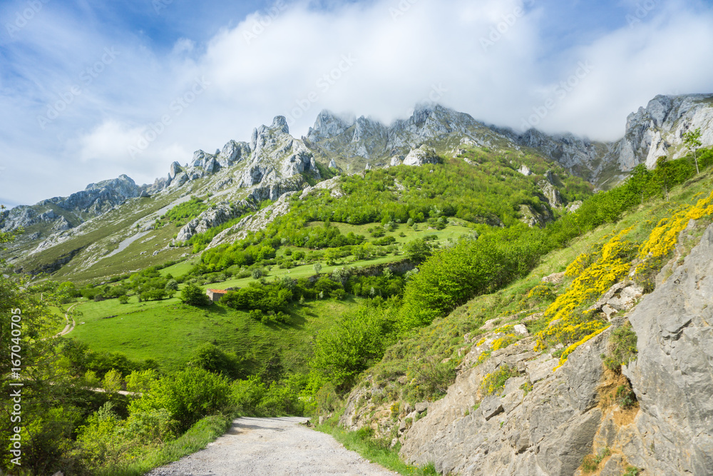 Beautiful nature of Spain: Picos de Europa mountain peaks and tourist trails in summer sunny day with blue sky and clouds