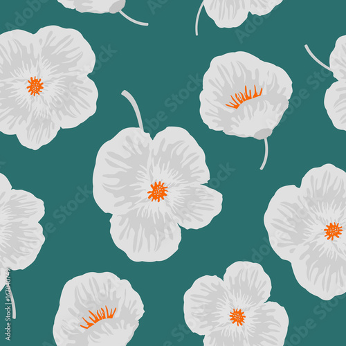 Seamless pattern with white flowers on a green background. It can be used for packing of gifts, registration of notebooks, diaries, tiles fabrics backgrounds. Vector illustration.