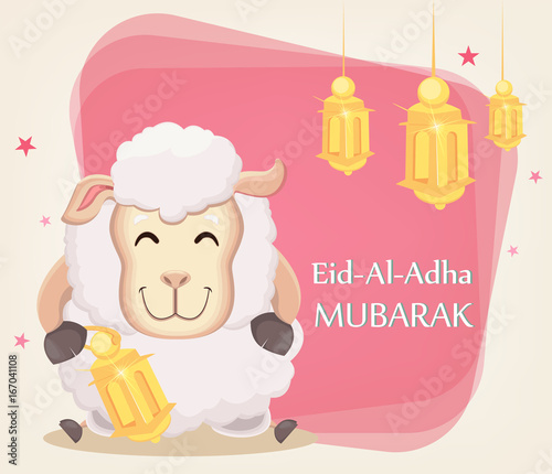Festival of sacrifice Eid al-Adha. Traditional muslin holiday. Greeting card with funny sheep holding golden lantern.