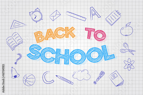 Funny banner "Back to School" with hand drawn doodles. Vector.