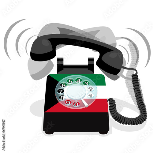 Ringing black stationary telephone with rotary dial and with flag of  Kuwait
