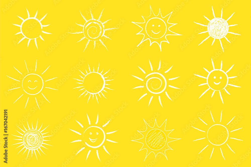 Cute hand drawn sun on yellow background - big collection. Vector. Cute hand drawn sun on yellow background - big collection. Vector.