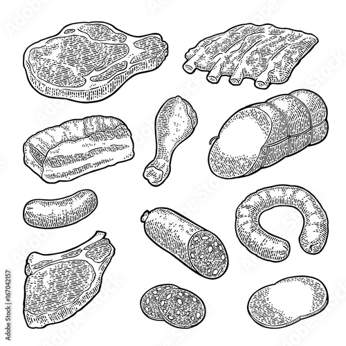 Set meat products. Vintage black vector engraving illustration. I