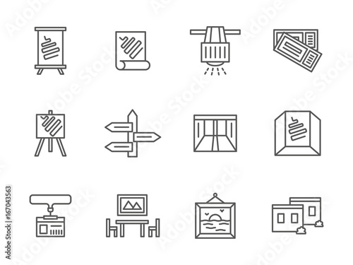 Exhibition rooms black line vector icons set