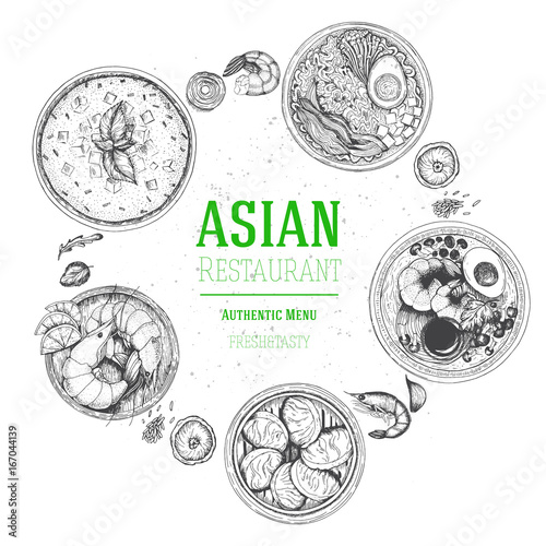 Asian food vector illustration. Asian food frame illustration. Menu label with ramen, shrimps, dim sum and miso soup . Linear graphic