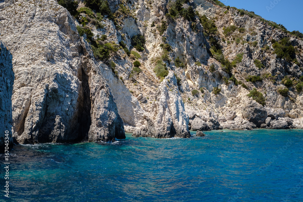 Turquoise water and limestone cliffs on Zakynthos, Greece
