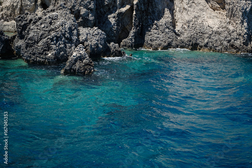 Turquoise water and limestone cliffs on Zakynthos, Greece