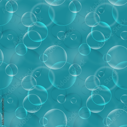 Vector seamless pattern with realistic bubbles. Abstract background. Blue color backdrop.