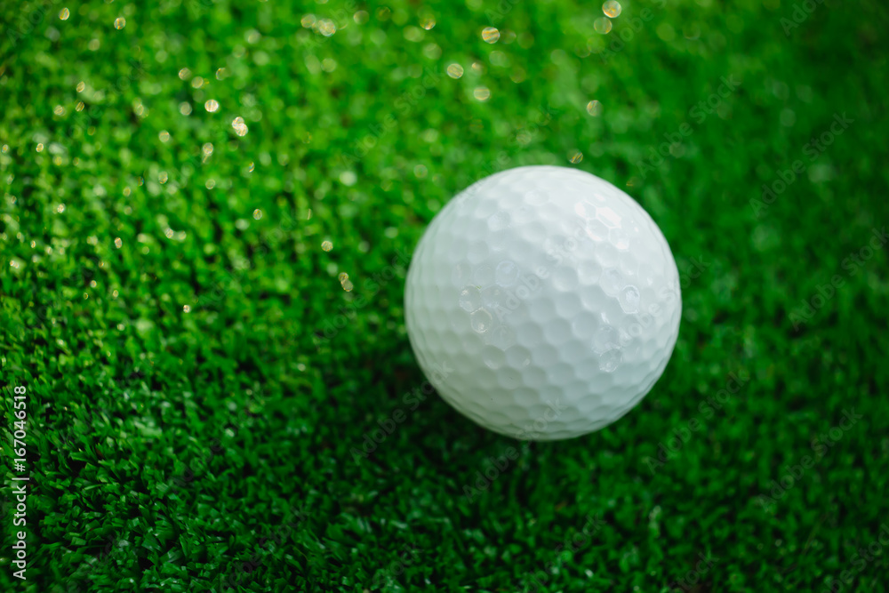 Golf ball with putter on green course. Selective focus Golf ball with putter on green course. Selective focus