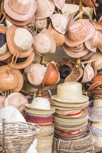 Leather and straw hats in craft store Brazil