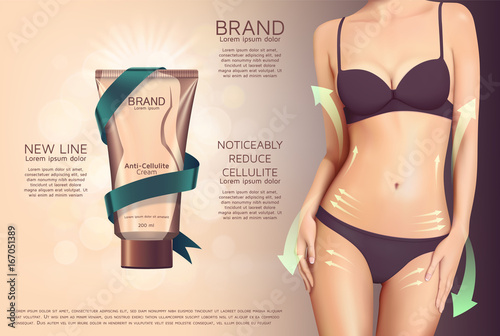 Design of web banner with anti-cellulite cream in tube. Advertising of means for care of body skin for women. Concept vector illustration of cosmetic cream.
