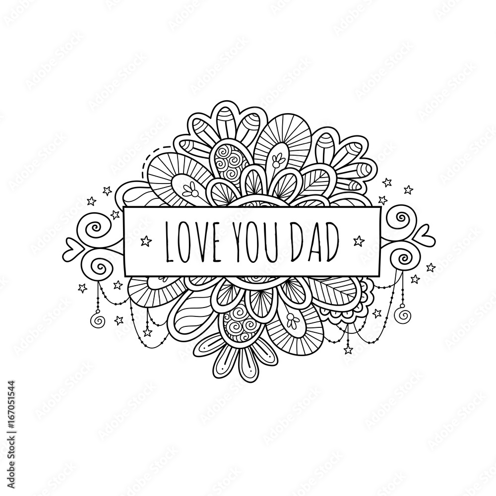 Love you dad father's day banner vector illustration with swirls, stars, and hearts on a white background.
