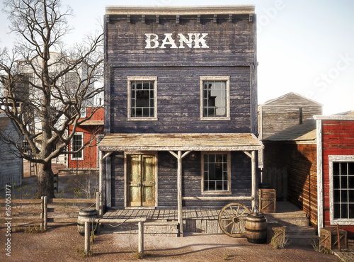 Western town rustic bank. 3d rendering