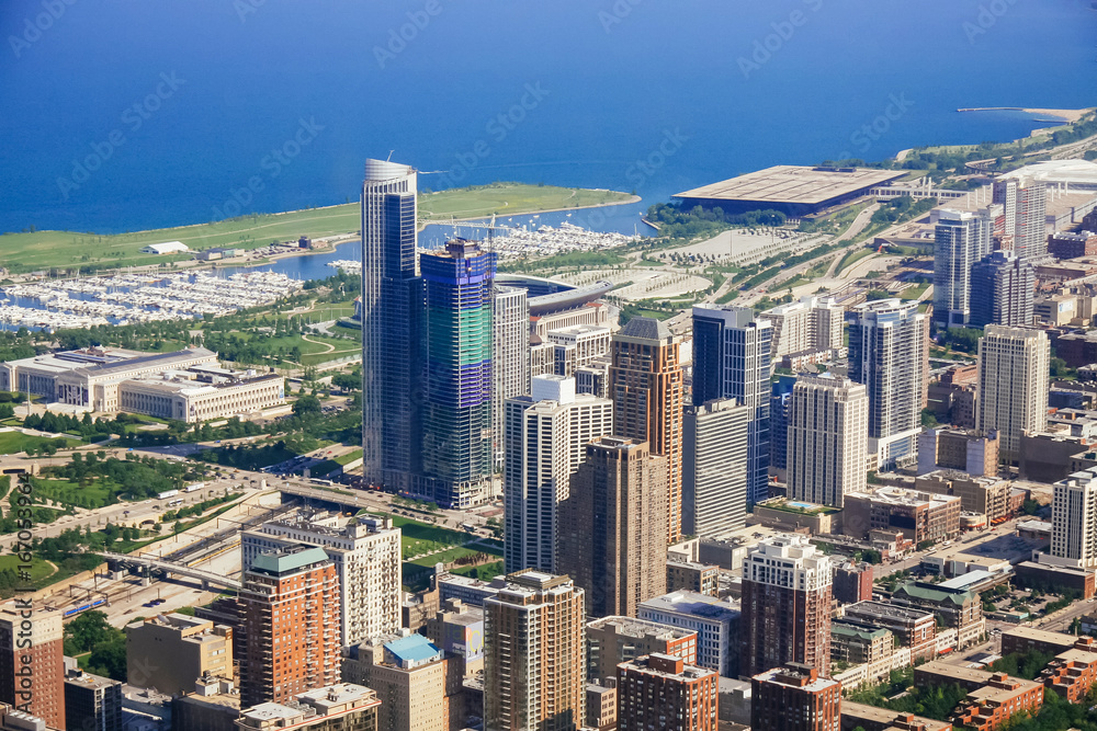 CHICAGO, USA - 20 July, 2017: Aerial view of cityscape of Chicago at sunset