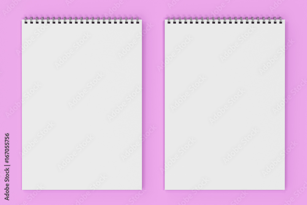 Blank white notebook with metal spiral bound on violet background Blank white notebook with metal spiral bound on violet background