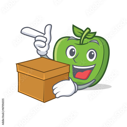 green apple character cartoon with box