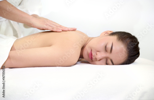 young beautiful woman lying preparation face and body for wellness massage spa, Close up beauty girl relaxation lifestyle and healthy concept.