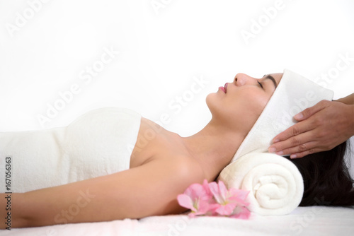 young beautiful woman lying preparation face and body for wellness massage spa, Close up beauty girl relaxation lifestyle and healthy concept.