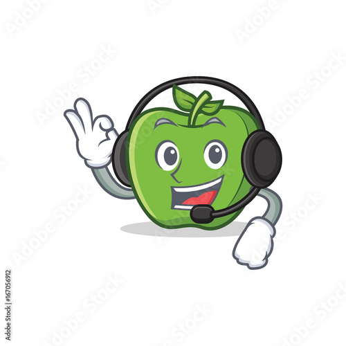 green apple character cartoon with headphone