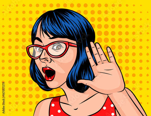 A girl with a short hair listens to a secret. A young attractive woman in glasses holds a hand near the ear. The girl opened her mouth in surprise