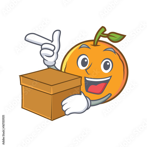 orange fruit cartoon character with box