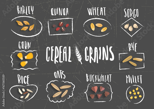 Vector set of cereal emblems with white handwritten lettering and hand-drawn stylized grains on black background. For packing groats, advertising healthy food.