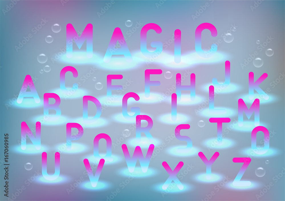 Vector alphabet with magic glow. The subject of the sacrament, childhood and princess, fluids, birthday.