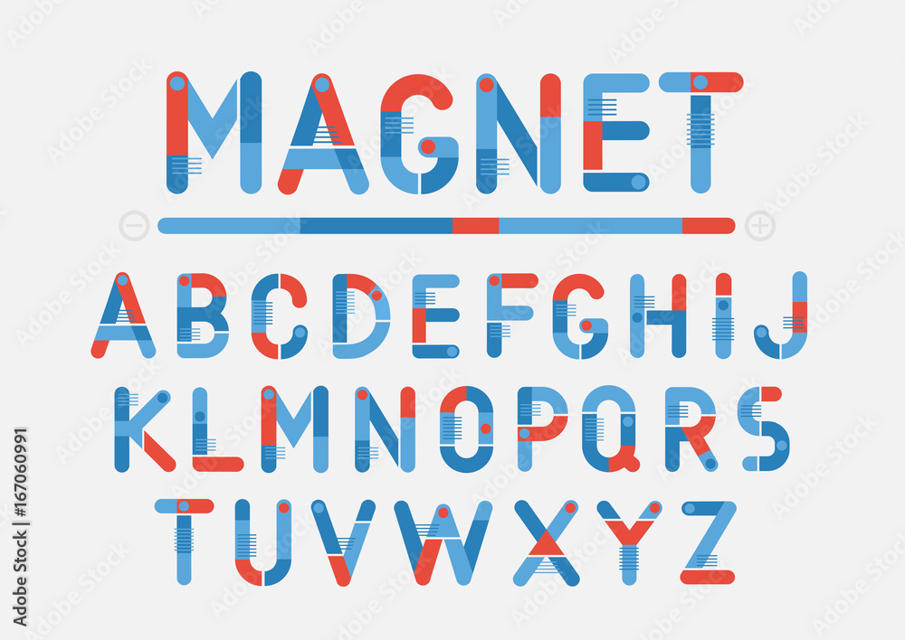Concept of vector blue and red geometric alphabet. Theme of science, magnets, electronics. Concept of vector blue and red geometric alphabet. Theme of science, magnets, electronics.