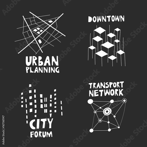 Vector set of  trendy logos on the theme of urban planning, city forum, communities, architecture, real estate. White hand-drawn structures with lettering on black background.