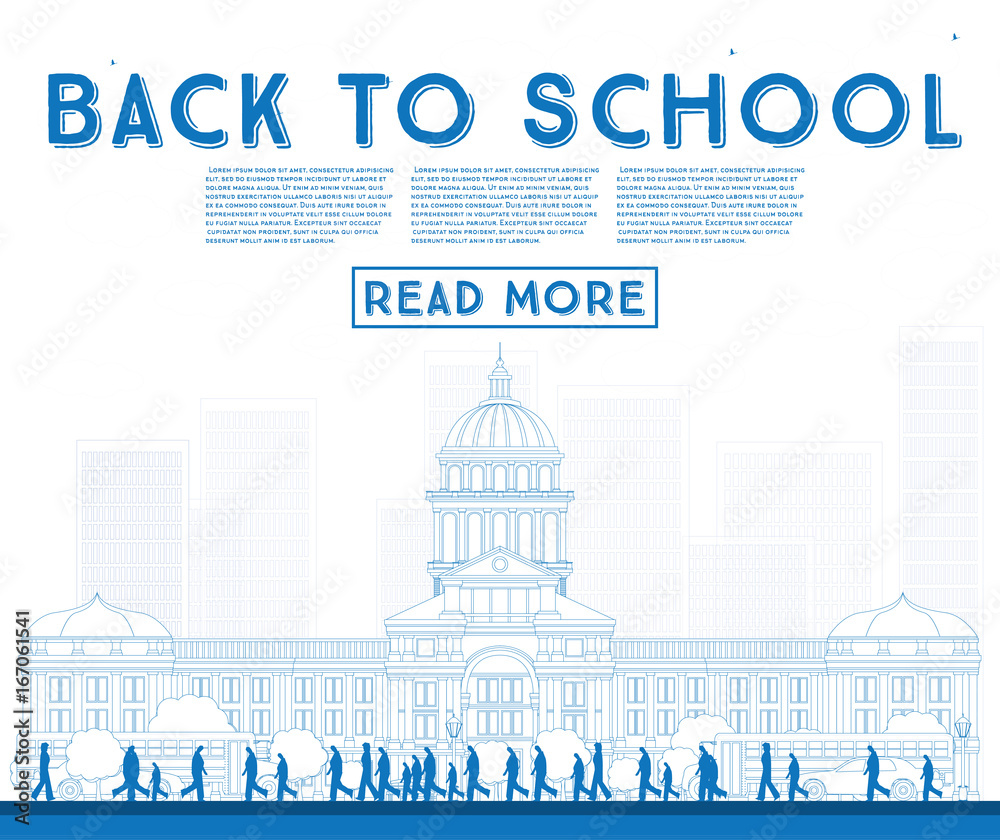 Outline Back to School. Banner with School Bus, Building and Students.