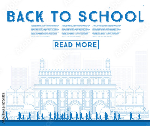 Outline Back to School. Banner with School Bus, Building and Students.