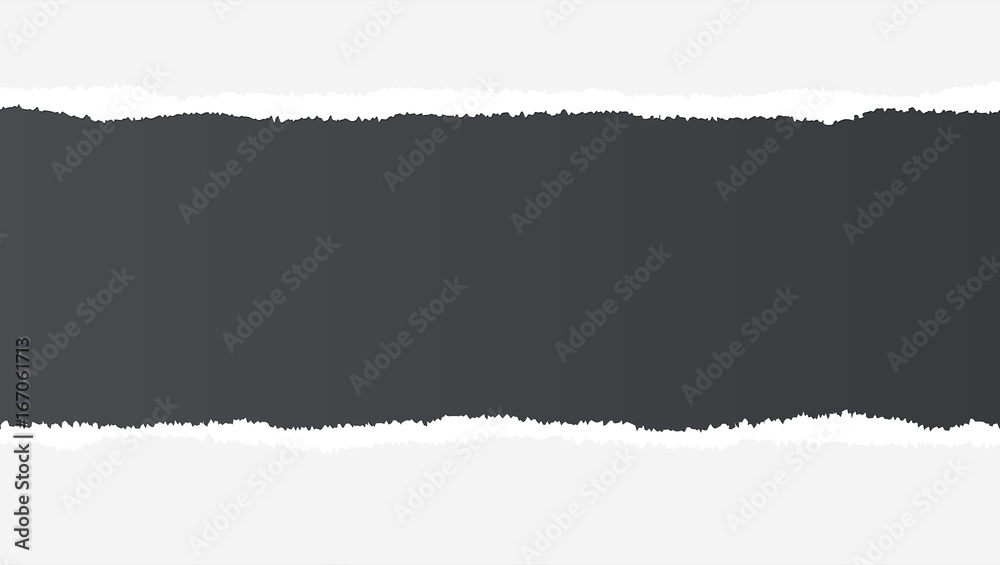 Realistic torn open paper with space for text on black background, holes in paper. Torn strip of paper with uneven, torn edges