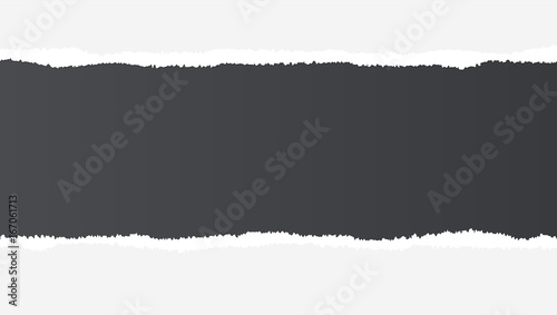 Realistic torn open paper with space for text on black background, holes in paper. Torn strip of paper with uneven, torn edges