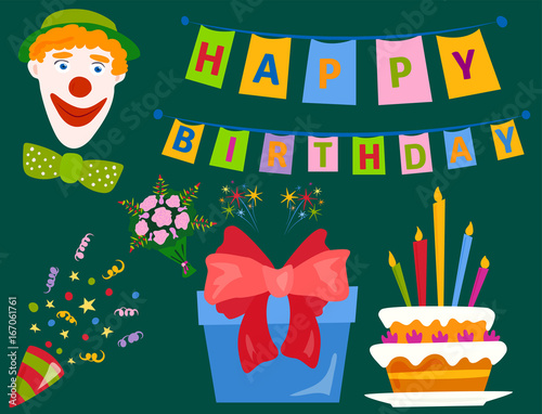 Party icons celebration happy birthday surprise decoration cocktail event ann...