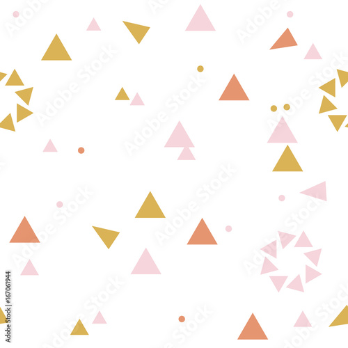 Vector seamless pattern with triangles. Trendy color palette. Geometrical elements on white isolated background.