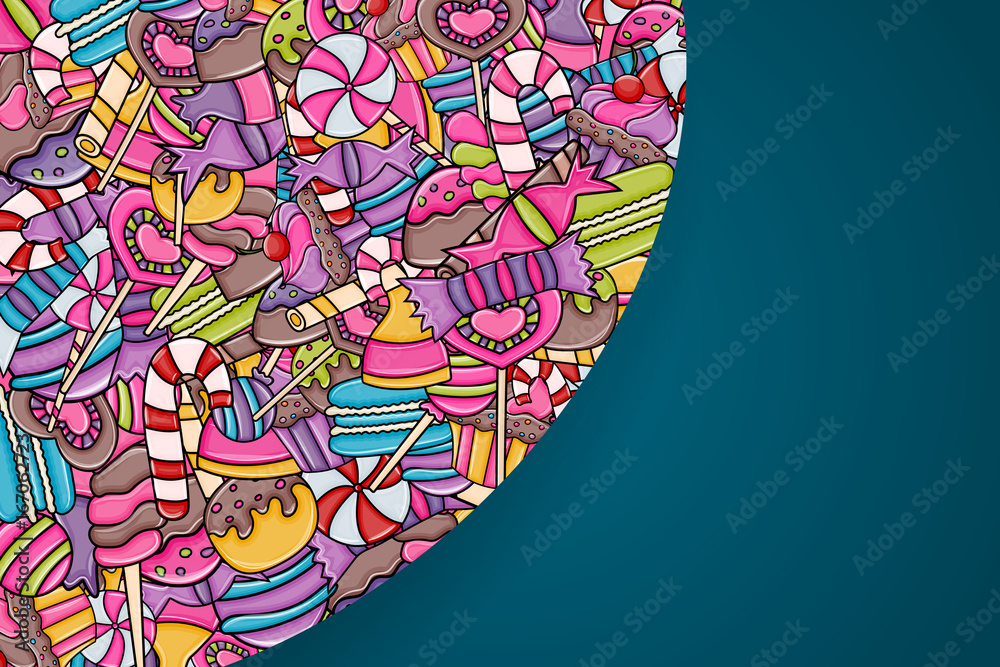 Fototapeta premium Candy and sweets cartoon doodle design. Cute background concept for advertisement, banner, flyer, brochure or greeting card. Hand drawn vector illustration.
