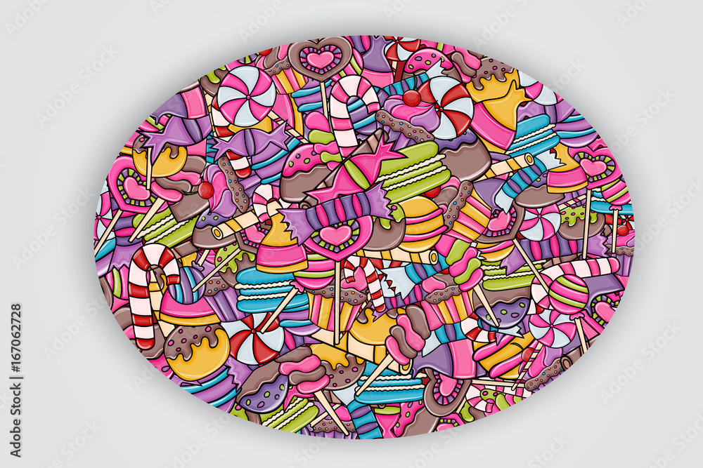 Candy and sweets cartoon doodle design. Cute background concept for advertisement, banner, flyer, brochure or greeting card. Hand drawn vector illustration. Candy and sweets cartoon doodle design. Cute background concept for advertisement, banner, flyer, brochure or greeting card. Hand drawn vector illustration.