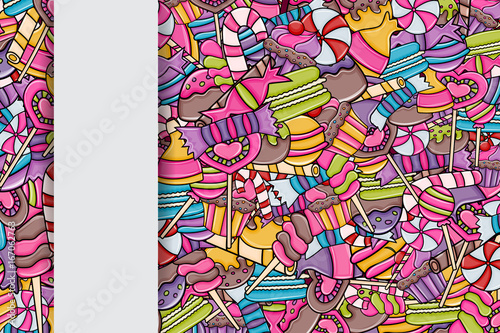 Candy and sweets cartoon doodle design. Cute background concept for advertisement, banner, flyer, brochure or greeting card. Hand drawn vector illustration.