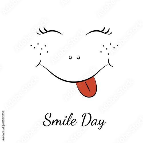 Smile day symbol element. Cartoon character smiley face with red sticky tongue, nose, freckles and wink eyes. Black line drawing isolated on white background. Vector design illustration.