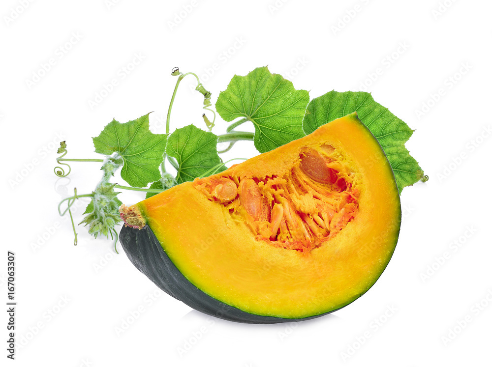 slice of pumpkin with green leaf isolated on white background slice of pumpkin with green leaf isolated on white background