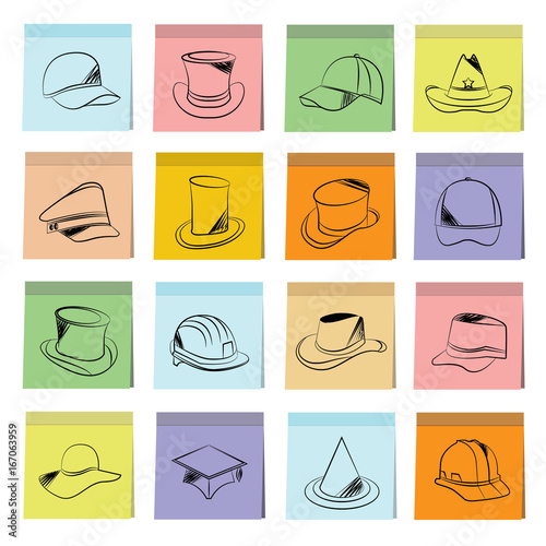 fashion hat, cap in sticky note paper icons