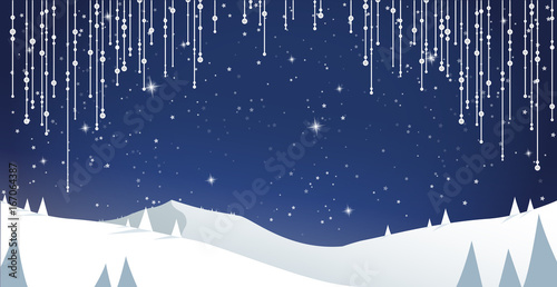 Winter mountain landscape scenery with pine trees and stars.