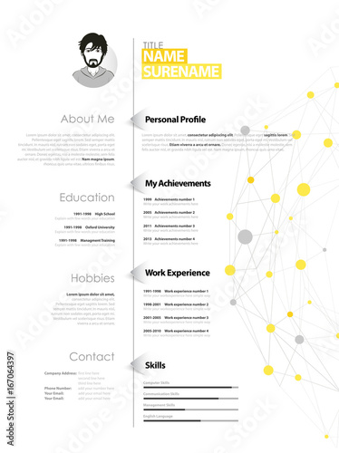 Creative simple cv template with yellow and grey circles and dots on web.