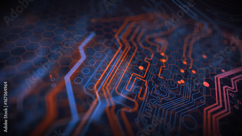 Blue, red and yellow background with digital integrated network technology. Printed circuit board. Technology background. 3D illustration.