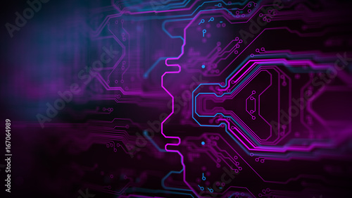 Purple, blue background with digital integrated network technology. Printed circuit board. Technology background. 3D illustration.