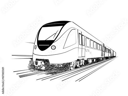 Metro train vector sketches in black lines
