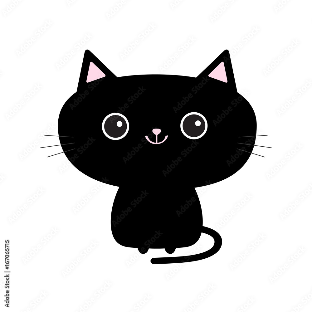 Cute black cat icon. Funny cartoon character. Kawaii animal. Tail