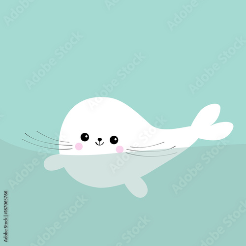 Swimming floating harp baby seal pup. Cute cartoon character. Happy baby animal collection. Sea ocean water. Blue background. Flat design